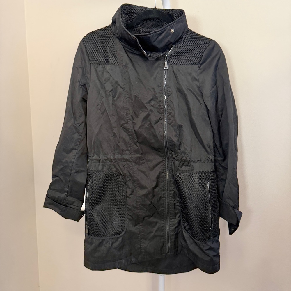T TAHARI Women's Alexa Black Mesh Asymmetrical Zip Hooded Raincoat Jacket S